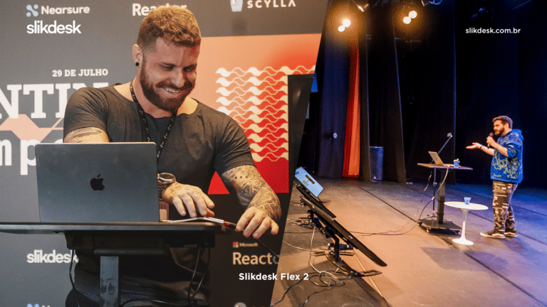 duas imagens lado a lado, na esquerda homem branco com camiseta preta mexe em notebook em cima de uma mesa slikdesk flex, na direita homem branco em um palco apresentando com uma mesa flex preta na sua frente