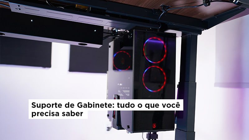 capa do artigo suporte de gabinete tudo o que voce precisa saber com um gabinete gamer com leads em um suporte para gabinete mid tower slikdesk, fixado embaixo de uma mesa slikdesk