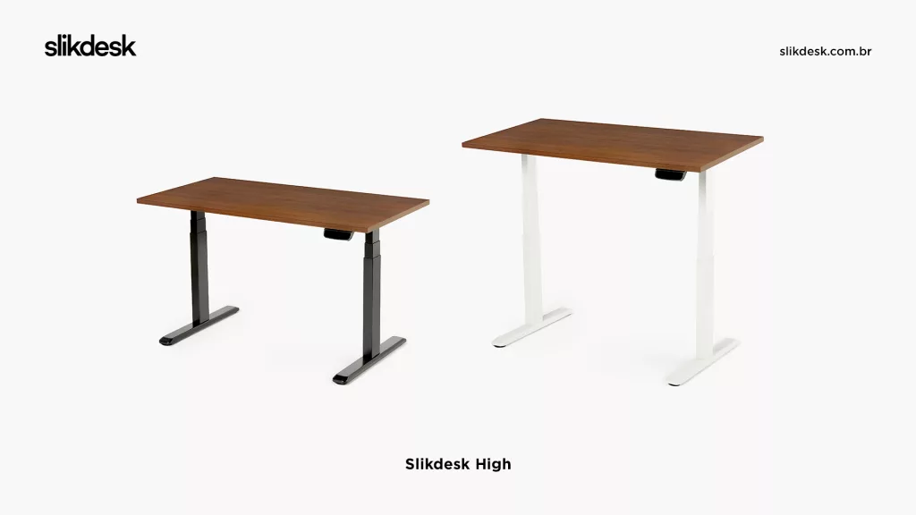 Slikdesk High: perfeita para quem quer dar um upgrade no mobiliário de escritório a partir de uma uma opção de mesa com regulagem de altura confortável, espaçosa e com design altamente moderno.