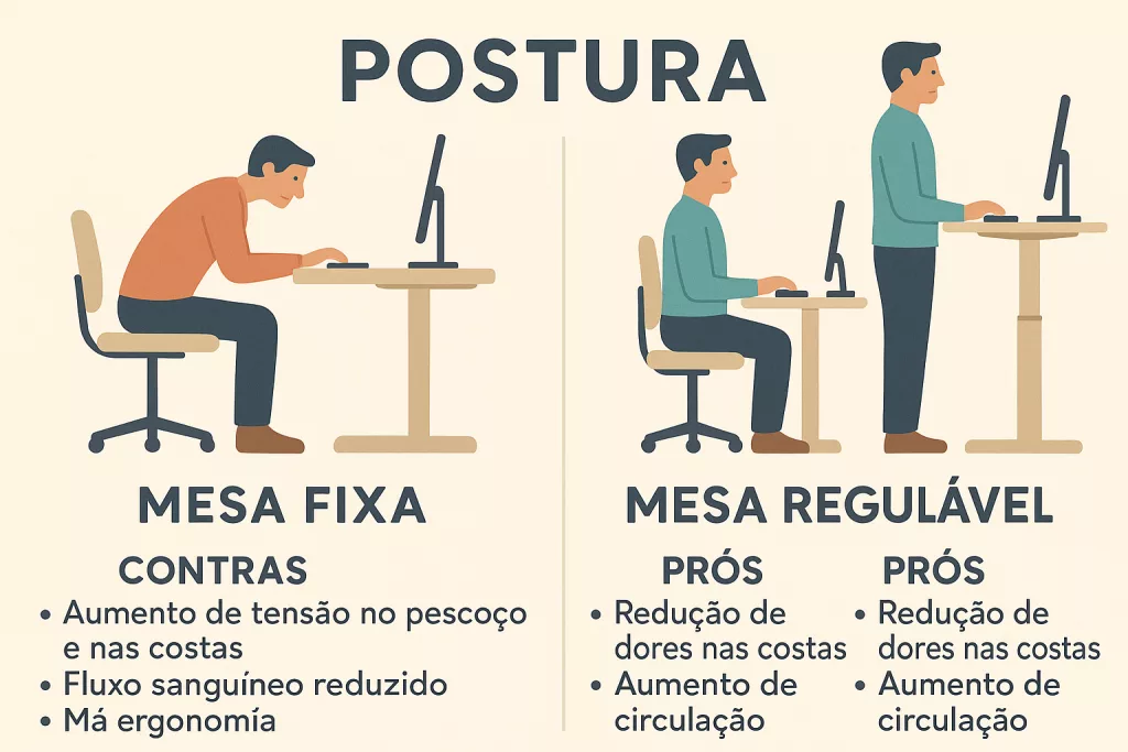 Comparação visual mostrando desenvolvedor com postura inadequada versus desenvolvedor com setup ergonômico ideal